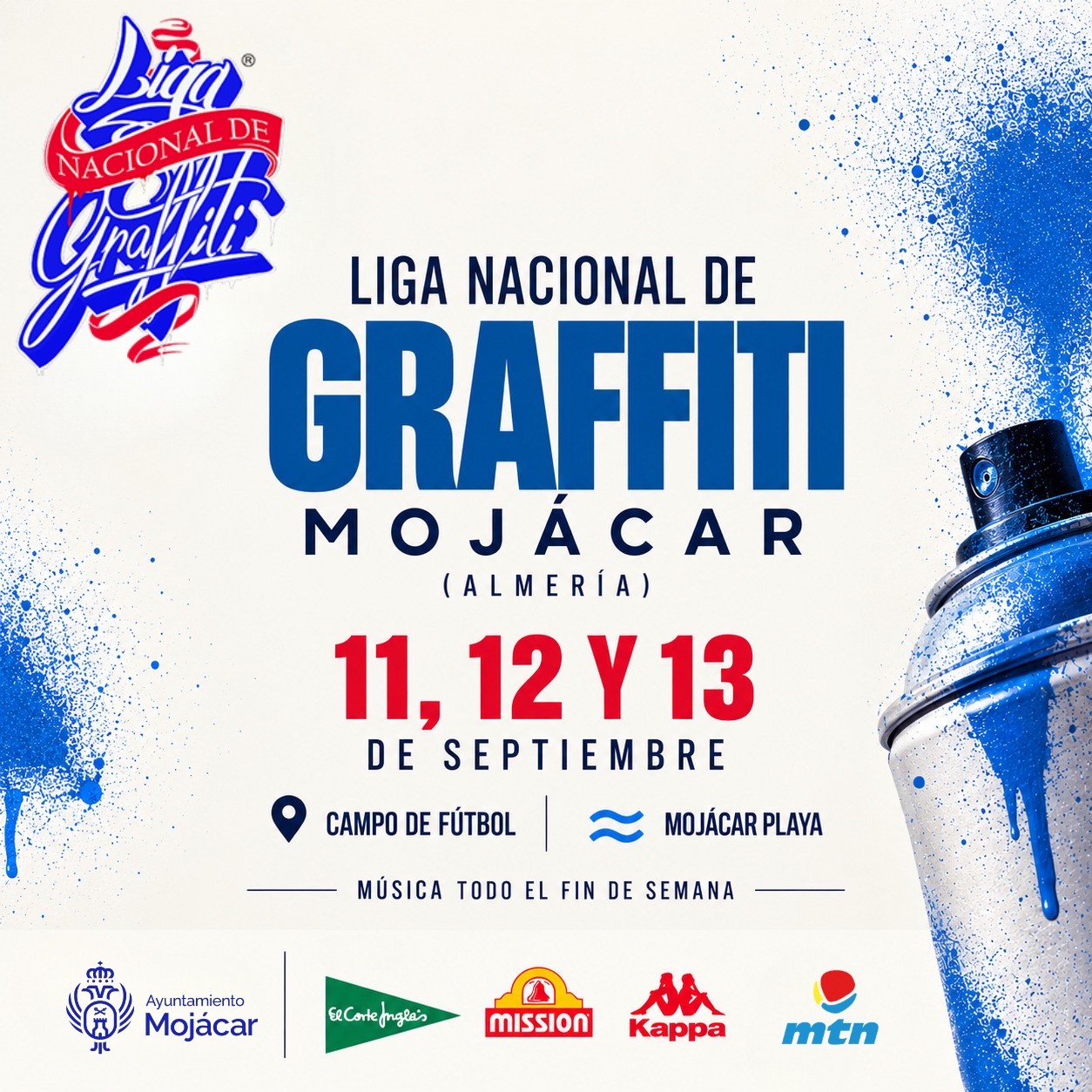 El Campo de Fútbol de Mojácar reunirá a artistas clasificados de la competición nacional en un fin de semana dedicado al graffiti, con música, un taller infantil y entrega de premios.